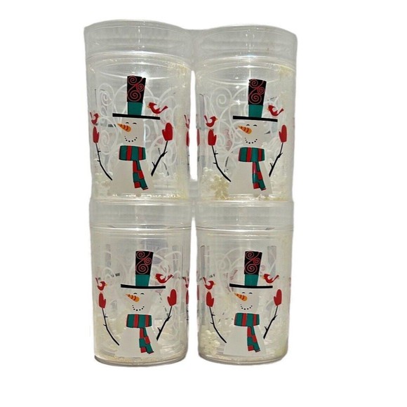 Zak! Holiday Snowman Set Of 4 Plastic Glasses Double Wall 3D Snowflake/Snow 6oz - Picture 2 of 5